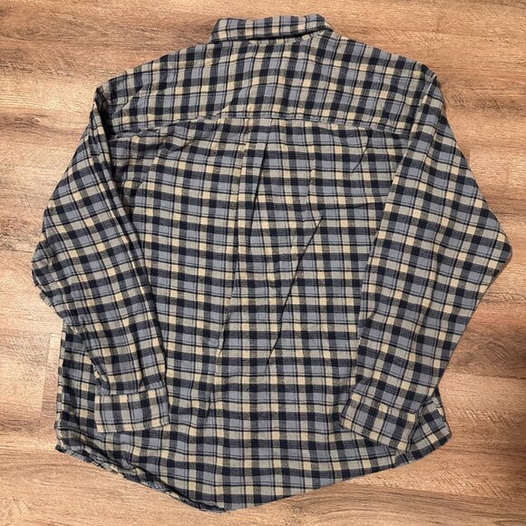 Van Heusen Casual Button Down Mens Large Beige Blue Plaid Brushed Cotton Flannel - Picture 3 of 5